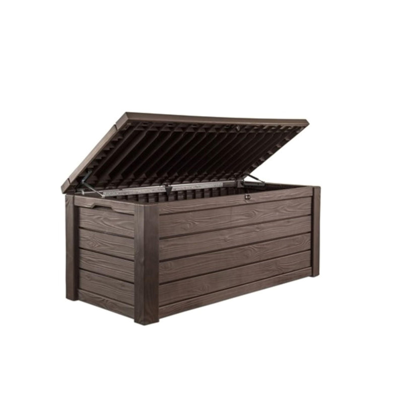 Outdoor & Indoor 150 Gallon Storage Deck Box, ‎lockable Resin Patio Bin & Bench For Garden Tools, Brown