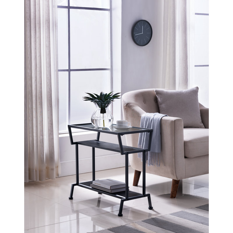 Damila Glass Top Rectangular End Table with Steel Base and Dual Shelves