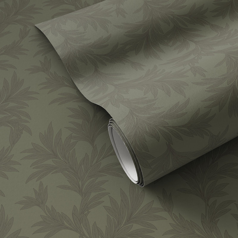 Lush Leaves Floral Wallpaper Roll, W12" x H8", Lush Leaves Olive Night II