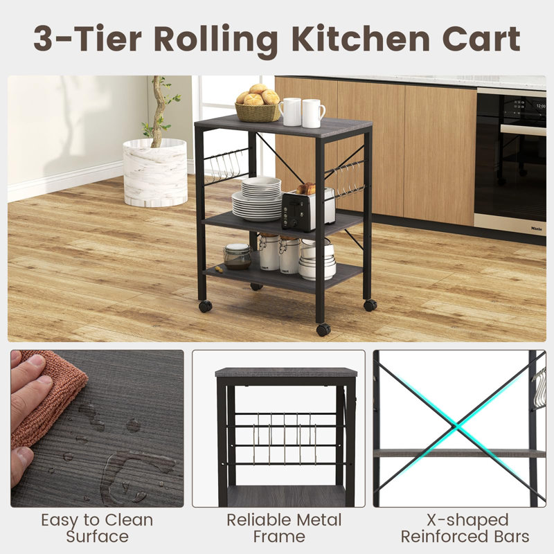 Reauna 78cm H x 60cm W Utility Cart with Wheels, Black/Grey