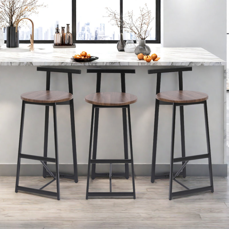 Set Of 3 Bar Stools With Backrest, Footrest And Metal Frame