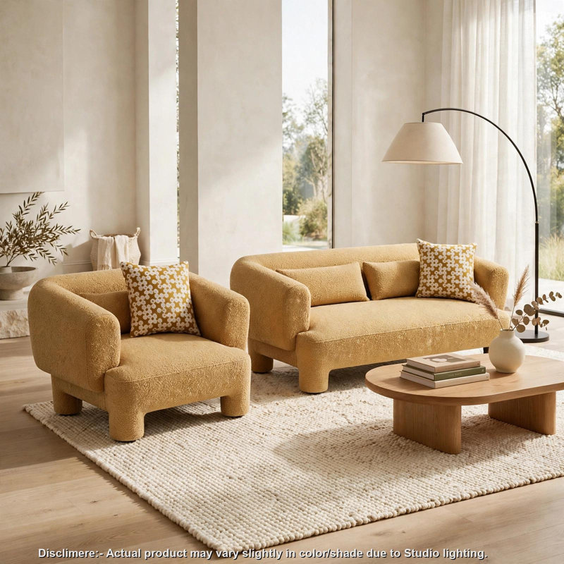 Ensemble canapé 2 pièces et fauteuil surdimensionné Hira, 5 coussins, accoudoirs arrondis, tissu jaune