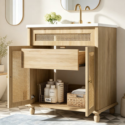 Meuble-lavabo avec portes en rotin tissé à la main et pieds en bois