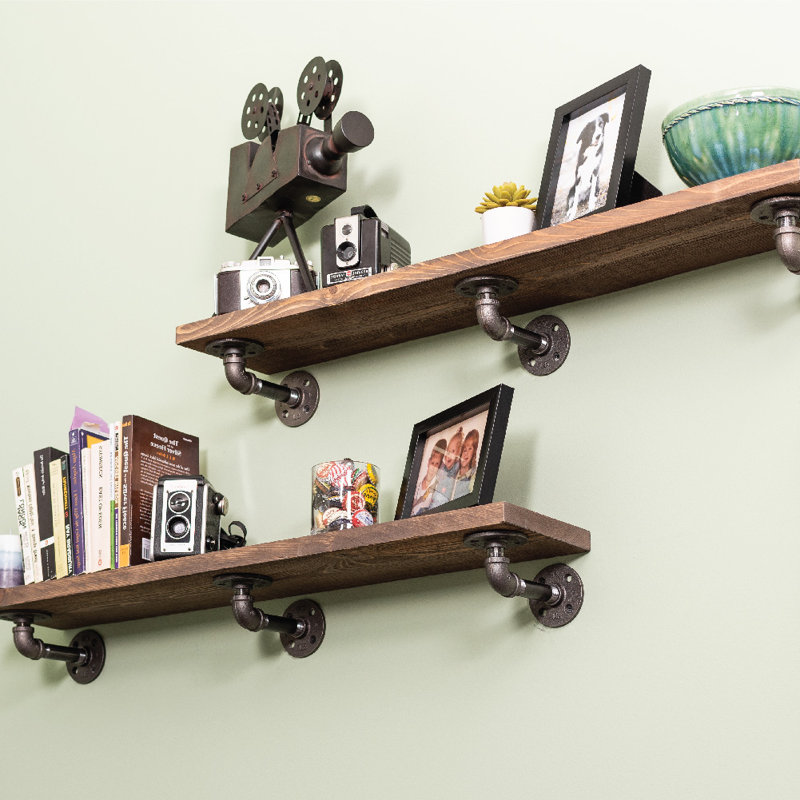 Hibbell 2 Piece Solid Wood Industrial Pipe Shelves, Sunset Brown