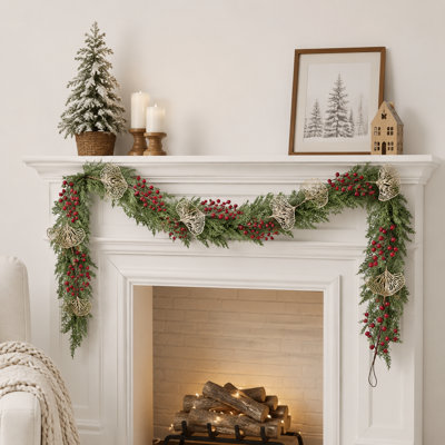 Guirlande de Noël artificielle, guirlande de verdure de 5,9 pi avec feuille de ginkgo et pommes de pin, guirlande de pin décorative Real Touch, décorations de Noël pour manteau de table de cheminée