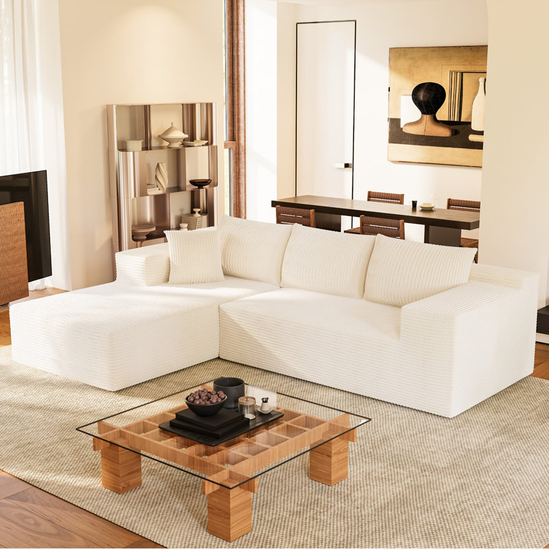 Boneless 108" L-Shaped Cloud Sectional Sofa With 3 Seats, Deep Seat Comfort Compression Couch For Living Room, Beige Corduroy
