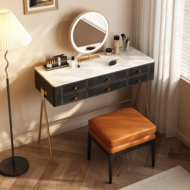 Coiffeuse haut de gamme, revêtement en similicuir grainé, plateau en verre trempé, miroir DEL, prise intégrée, 6 tiroirs, montage très facile