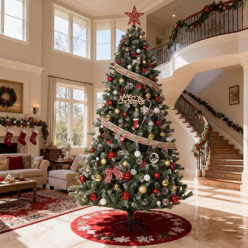 Arbre de Noël artificiel épinette enneigé 7,5 pi, pré-décoré avec des pommes de pin et un pied pliable, décoration de Noël