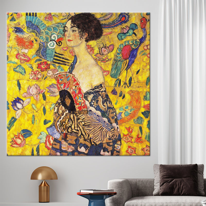 «Gustav Klimt Lady with a Fan», reproduction d'art sur toile 3D de haute qualité pour la décoration intérieure, Toile tendue