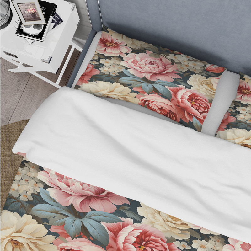 Ensemble de housse de couette à motif floral pastel rose et beige, Housse de couette simple + 1 taie décorative stan