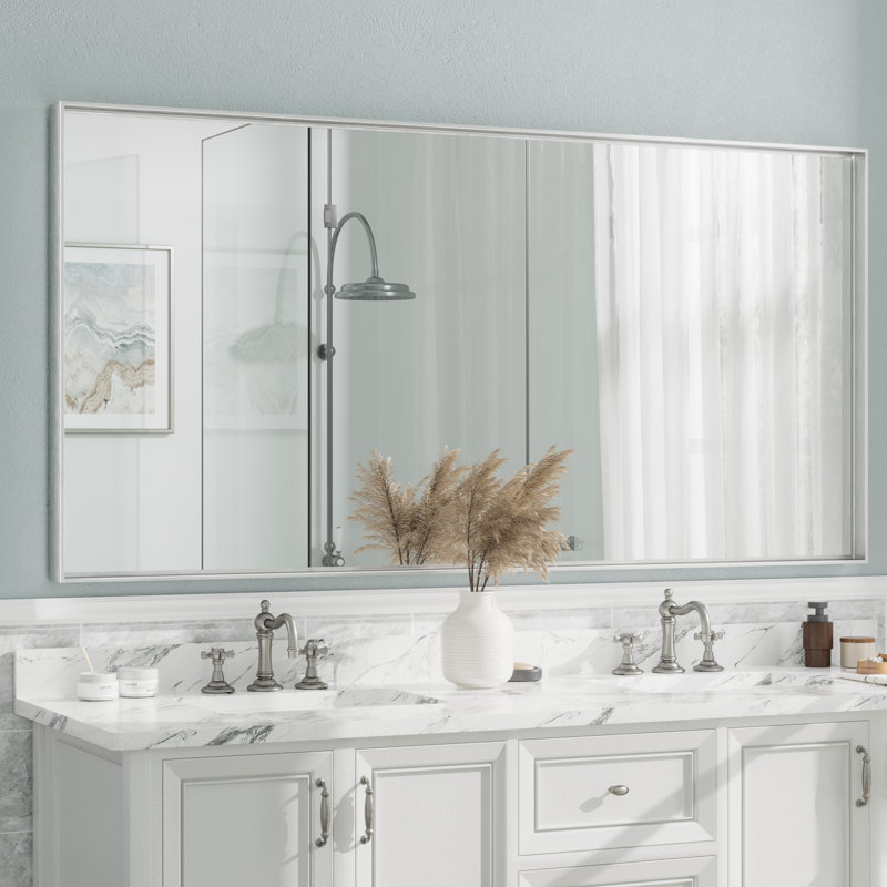 Aevar Tempered Glass and Aluminum Alloy Framed French Cleat Mounted Wall Mirror with 5-Year Warranty, 72" x 36"