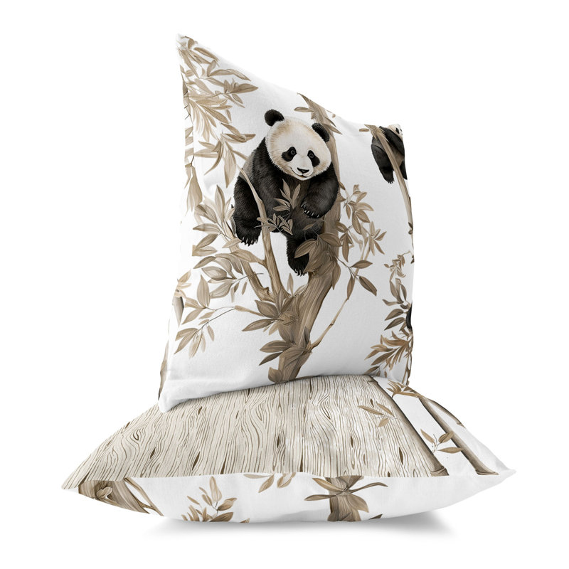 Oreiller réversible intérieur / extérieur Climbing Panda, H 18 po x l 18 po, Noir / beige