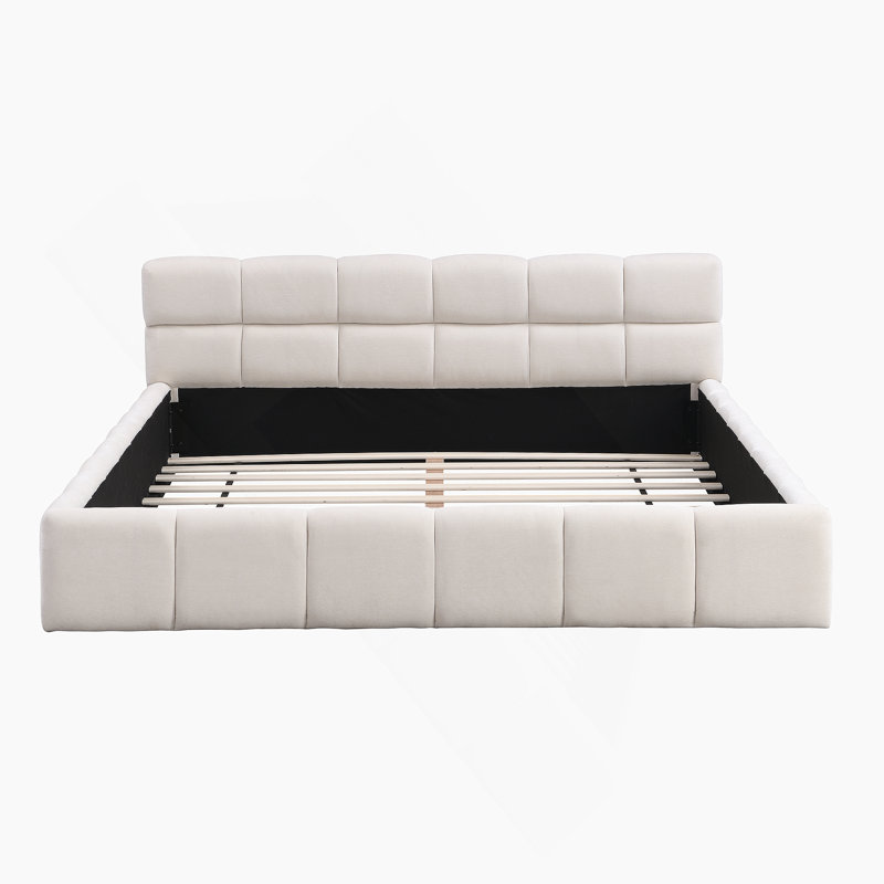 Élégant lit tapissier en chenille avec un design en damier, offrant un confort moelleux et un style intemporel pour votre chambre à coucher