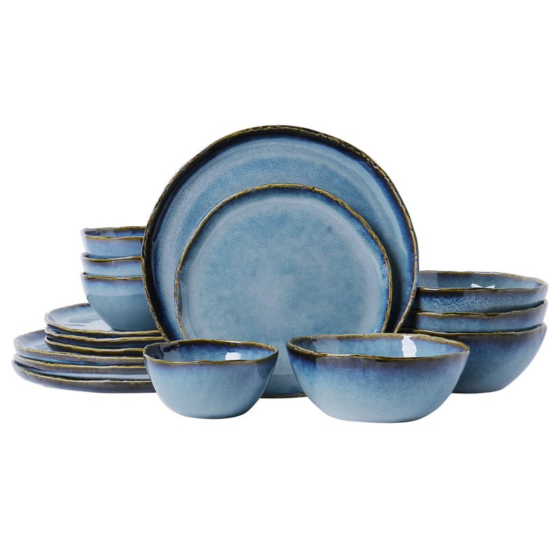 ALOFMO Handcrafted Charm 16 Piece Stoneware Dinnerware Sets-Service For 4, Blue