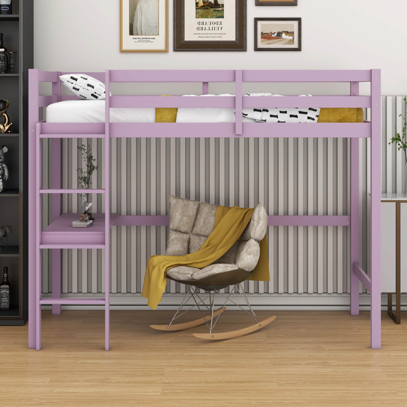 Lit mezzanine simple taille haute (bois d'hévéa) - barrière de sécurité, bureau intégré et échelle, Rose