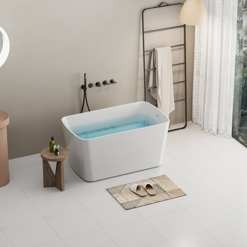49" Acrylic Freestanding Soaking Bathtub, Square-shape Japanese Hot Tub, Chrome Overflow and Quick Drain, White, Glossy White