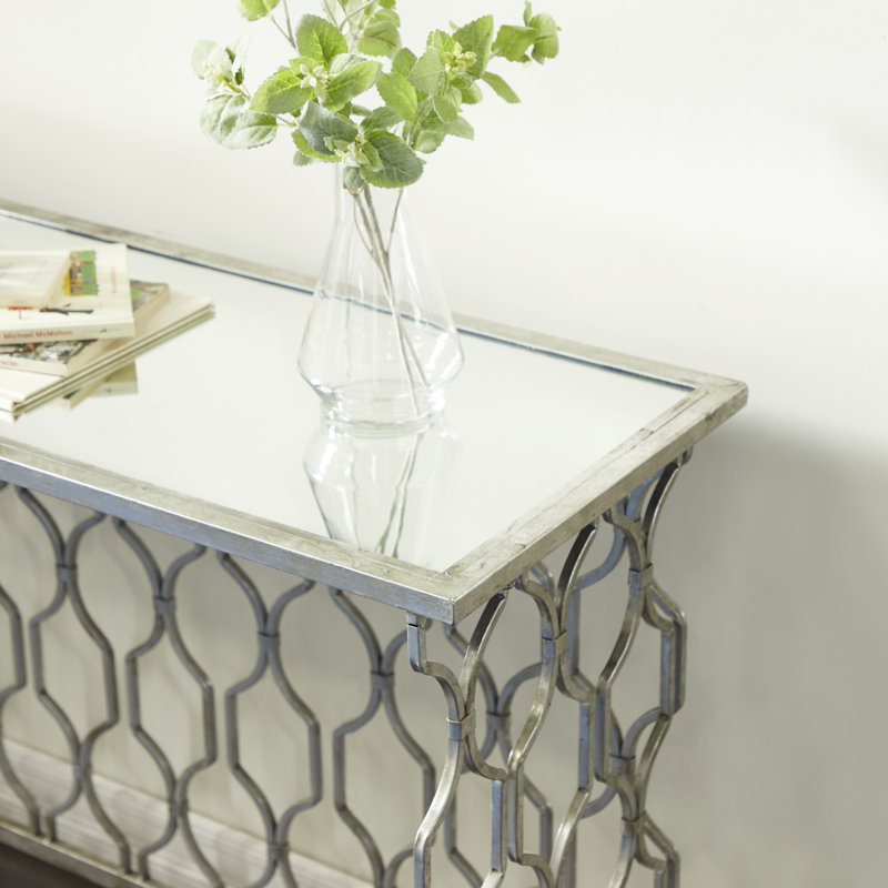 Silver Metal Console Table with Mirrored Glass Top and Trellis Pattern