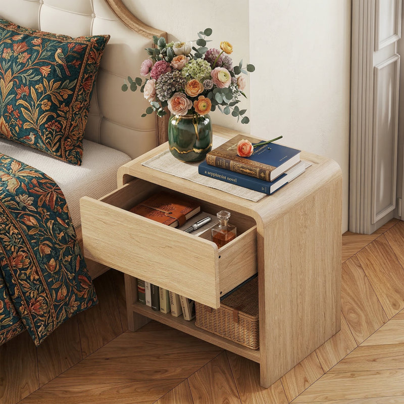 Set Of 2 Modern 21.7" Wide Nightstands With Drawer & Open Shelf - Bedside Table With Safe Curved Corners - 23.6" Table For Small Spaces