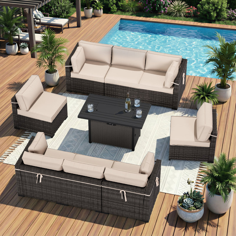 Fauteuil modulaire en rotin toutes saisons pour 8 personnes avec table de foyer et coussins luxueux, Beige, Brun / Gris