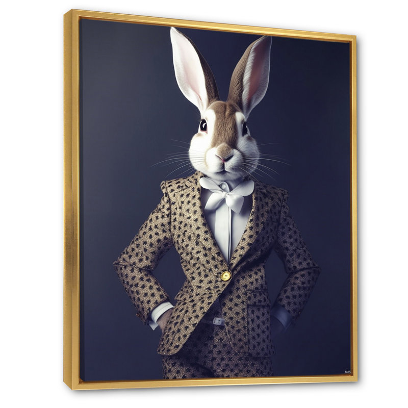 Impression sur toile de lapin blanc en costume de fantaisie, Cadre flottant doré, H 40 po x l 30 po x P 1,5 po