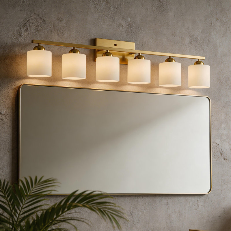 Luminaire de meuble-lavabo 6 lumières avec abat-jour en verre opale, Or brossé, 6
