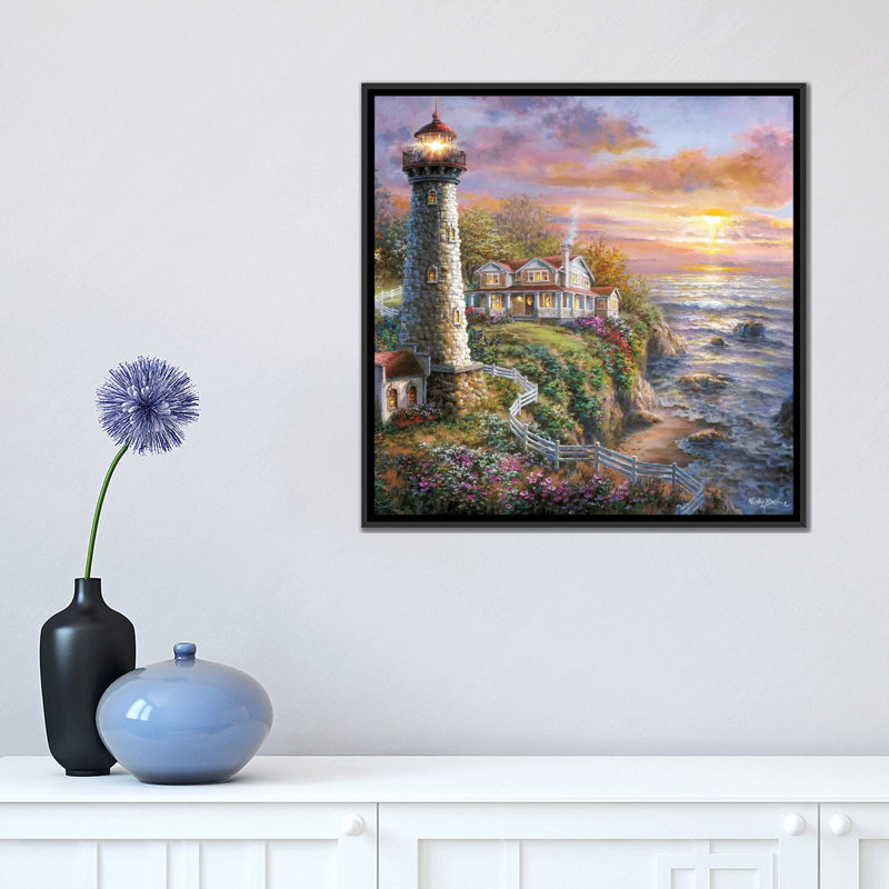 « phare refuge i », reproduction d’art sur toile, H 18 po x l 18 po x P 1,5 po, Toile avec cadre noir, Pas de tapis