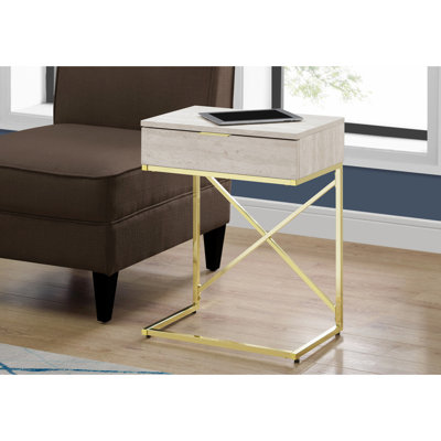 Table d'appoint en marbre beige avec structure et compartiment de rangement en métal doré, supports de surface latéraux modernes pour meubles de salon contemporains, tiroir pour l'intérieur de la maison
