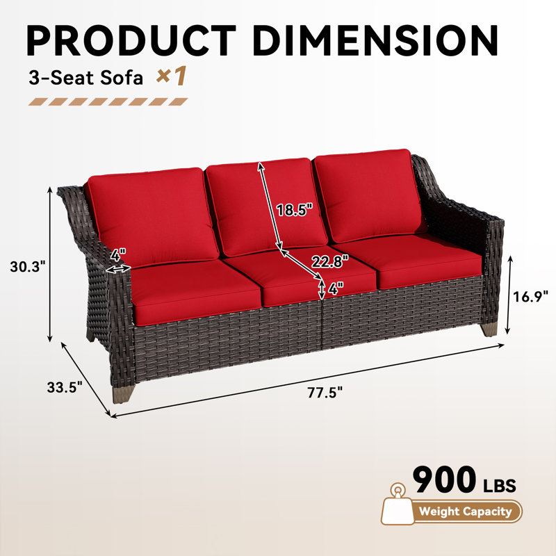 Aleira 77'' Wide Straight Wicker Patio Sofa with Cushions, Red