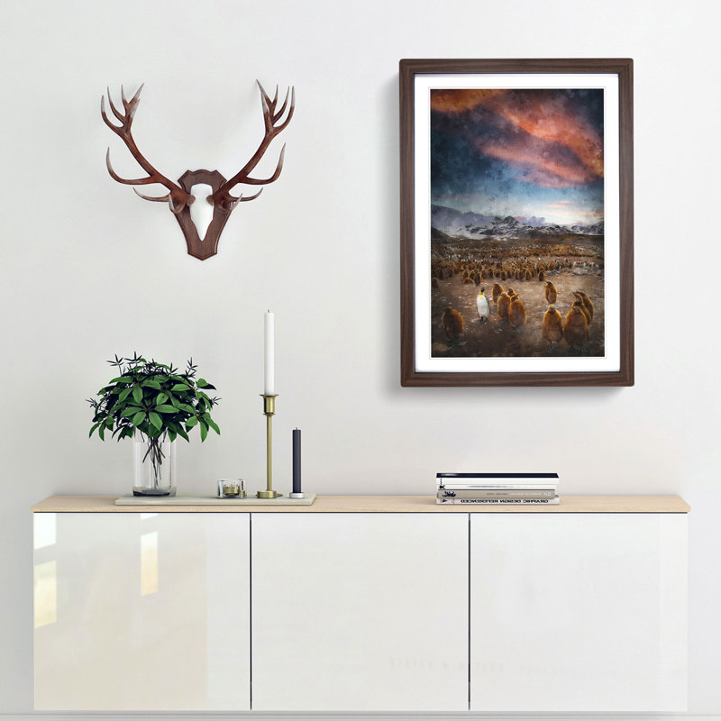 King Penguins & Mountains - Framed Print, 87cm H x 62cm W x 2cm D, Walnut Framed