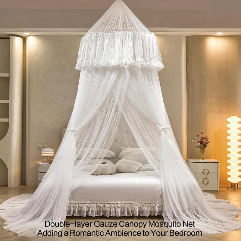 Bed Canopy  – Double Layer Sheer Mesh Dome With Romantic Lace Trim, Dreamy Mosquito Net Tent For Full/Queen