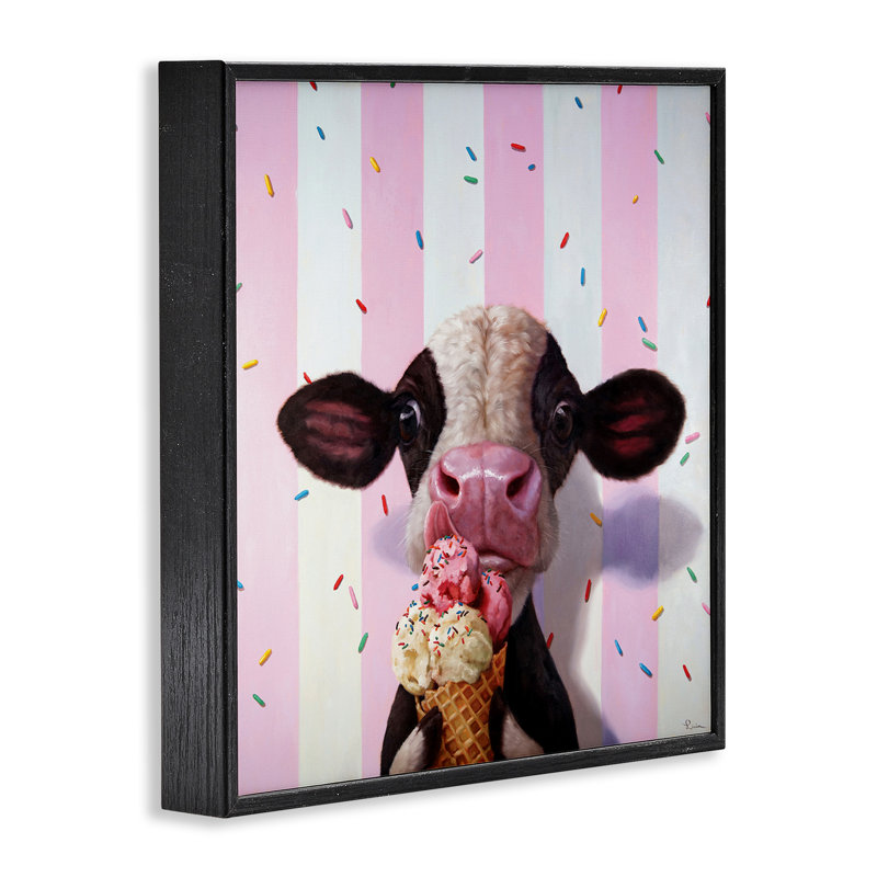 Mignonne petite vache avec un cône de crème glacée à rayures roses par Lucia Heffernan - impression, H 12 po x l 12 po