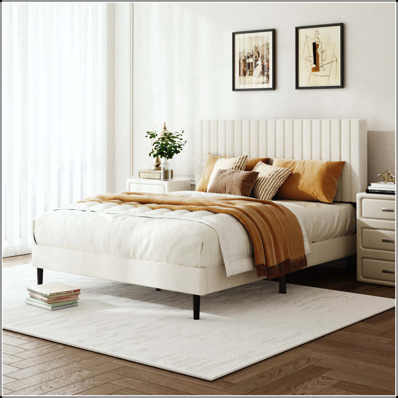 Lit plateforme tapissier en velours avec tête de lit réglable en hauteur, Beige, Lit double