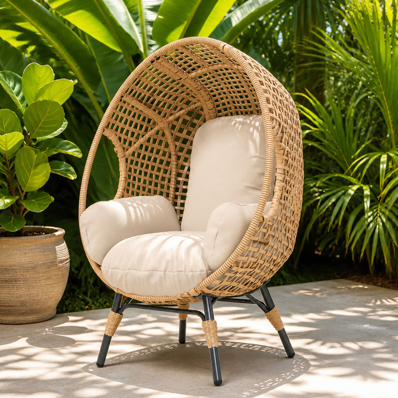 Fauteuil à œufs en osier naturel à rayons ouverts avec coussin, capacité de 400 lb pour une utilisation intérieure / extérieure
