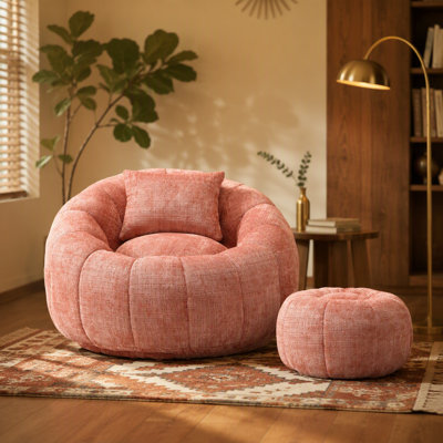 Modern Bean Bag Chairs, Comfy Round Chair for Adults with Ottoman, Leisure Single Sofa Reading Chair with Pillow for Living Room, Bedroom, Apartment
