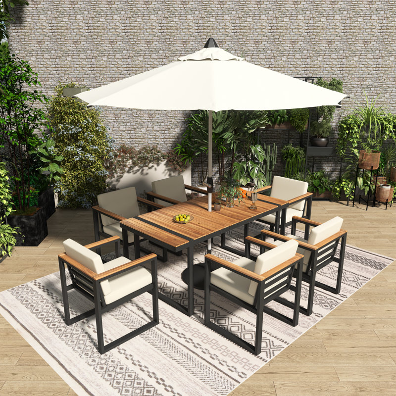 Ensemble repas d'extérieur rectangulaire 7 pièces avec coussins amovibles 7 pièces, Beige