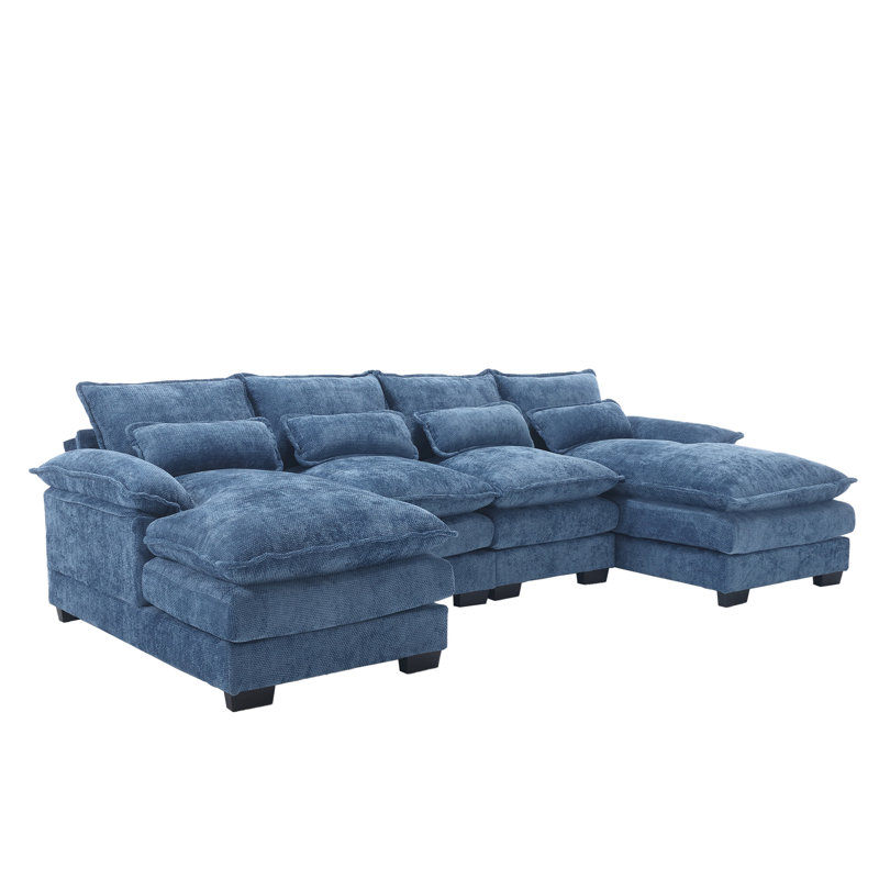 Grand canapé modulaire moderne en U en chenille, Chenille bleue marine