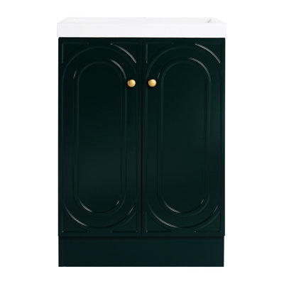 Meuble-lavabo autoportant foncé. Évier en résine inclus. 24,08 po Profondeur. Charnières. Lavabo à poignées en métal. Conception élégante. Armoire en contreplaqué. 2 portes à fermeture en douceur. Espace de rangement supplémentaire