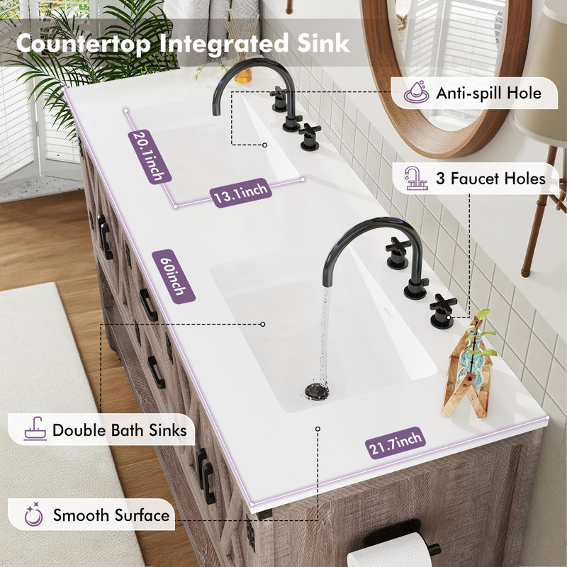 Chimira 60" Farmhouse Storage Bathroom Vanity With Double Sink, Rustic Gray, Gray