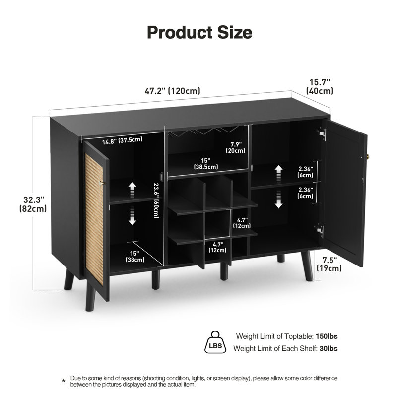 47.2" W Coffee Bar Wine Cabinet With 9-Grid Wine Rack, Sideboard Buffet Table For Kitchen Dining Room, Black, Black