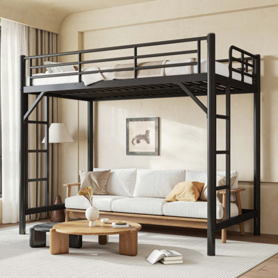 Metal Loft Bed, Loft Bed with Easy Climbing Ladder and Guardrails