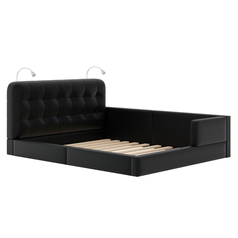 Upholstered Platform Bed With Reading Lights, Black