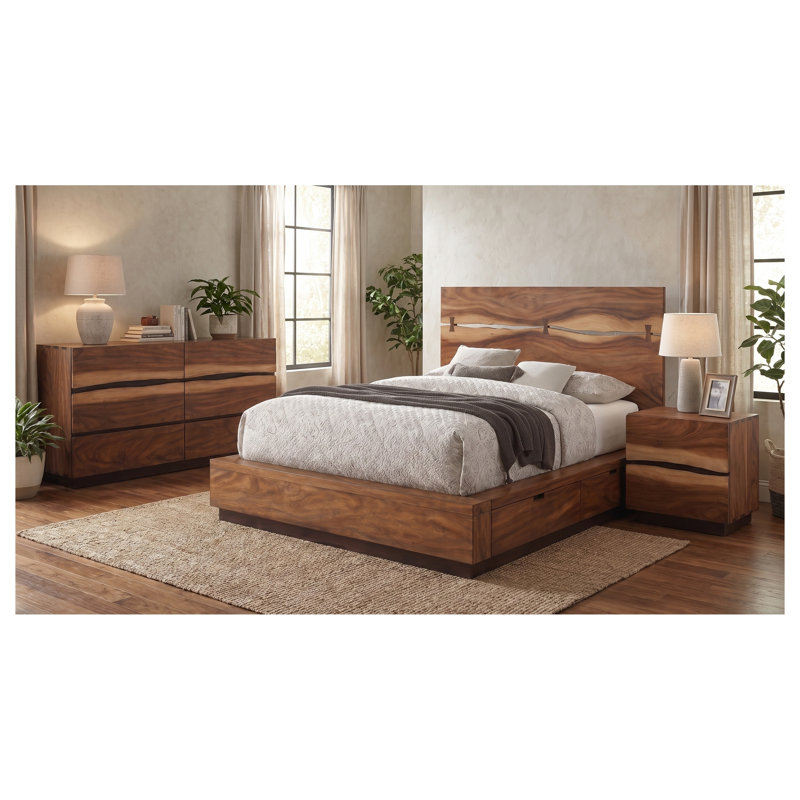 Ensemble de chambre à coucher 3 pièces Ashcombe en noyer fumé, format King, comprenant un lit plateforme de rangement, une commode et une table de chevet.