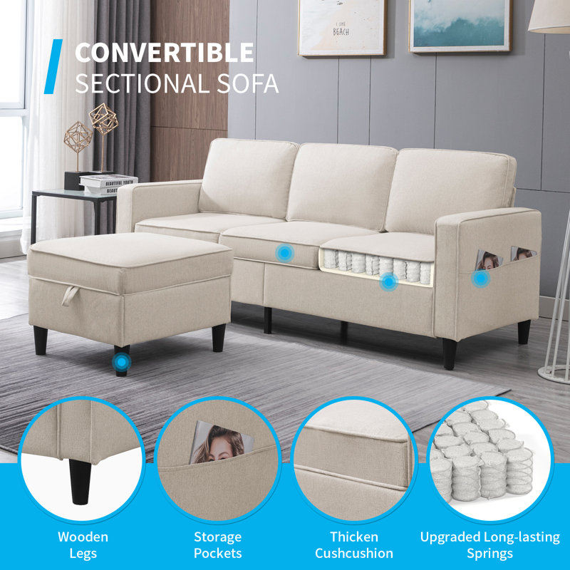 78" L-Shaped Linen Sectional Sofa with Storage Ottoman & Side Pockets, Beige, Beige Linen Blend