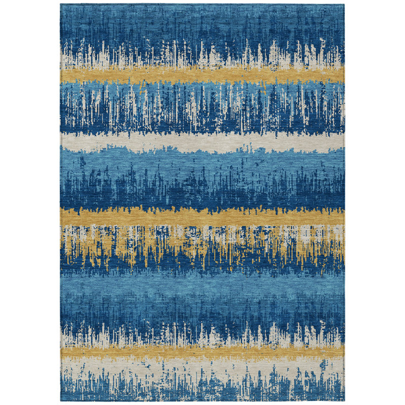Navy and Gold Flat Woven Synthetic 5' x 7' Rug