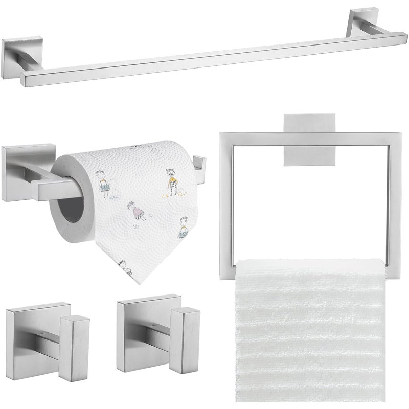 5-Piece Bathroom Hardware Set - Wall Mounted SUS304 Stainless Steel Towel Rack, Towel Ring, Toilet Paper Holder And Coat Hooks For Modern Bathroom