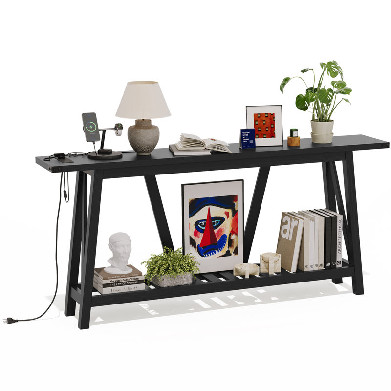 70.9'' Console Table with Built-in Power Outlet, Black