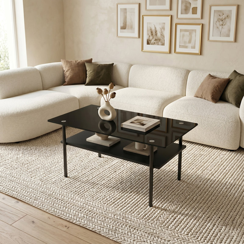 Table basse 38,6 po moderne en verre trempé noir avec tablette en bois et pieds en métal