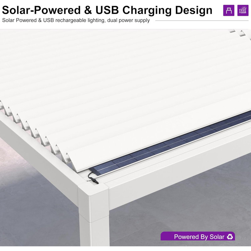 PURPLE LEAF Louvered Pergola 11' x 28' Aluminum White Pergola with Solar LED Adjustable Rainproof Roof Hardtop Gazebo for Patio Deck Garden