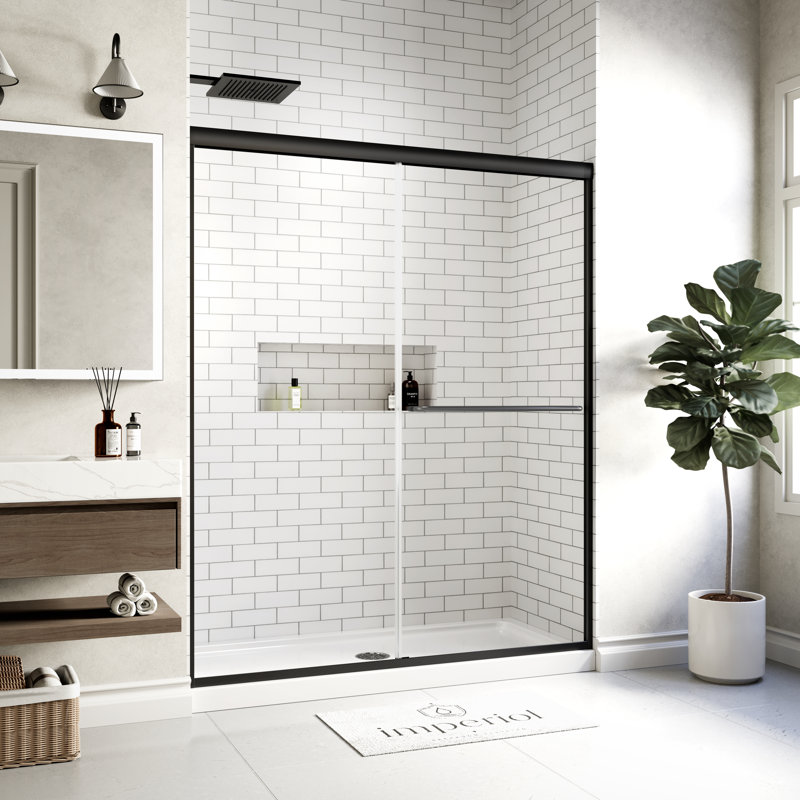 56" - 60" W x 70" H Double Sliding Semi-Frameless Shower Door with 1/4" Clear Tempered Glass, Matte Black