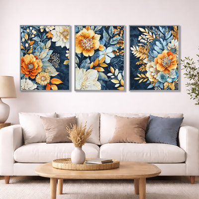 Floral fantaisie bleu et couleurs estivales - ensemble d'art mural abstrait sur toile botanique de 3